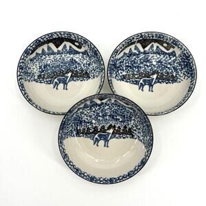 3 Folk Craft Soup / Salad Bowls WOLF by TIENSHAN Stoneware Blue Glaze 6.5 inch